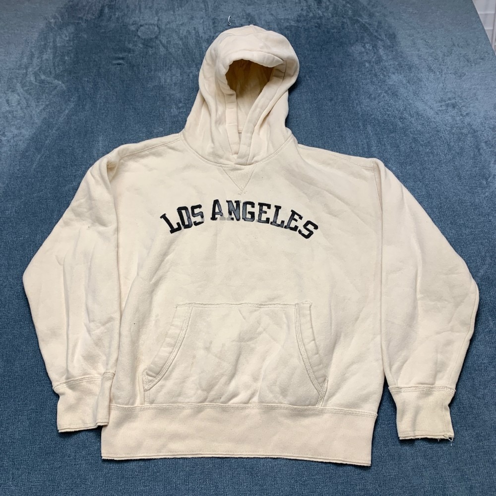 Hollister Los Angeles Oversized Fit Hoodie Mens XS Beige Fleece Lined Ribbed Hem